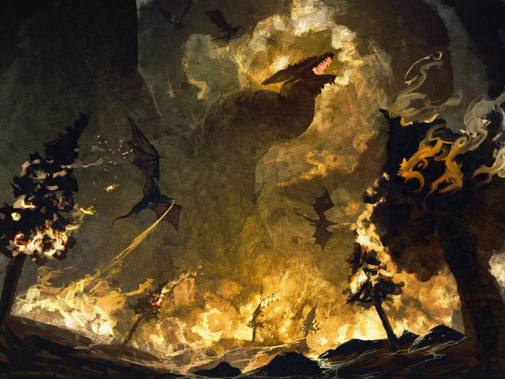 A dragon pierces the heavens from ash and smoke.