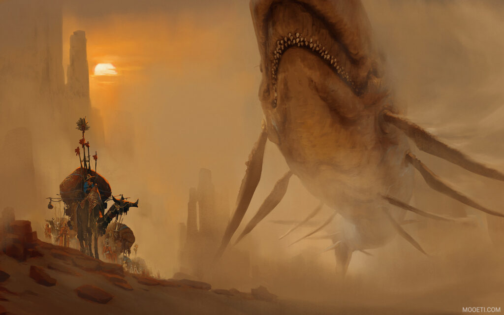 Colossal shark flies through a sandstorm.