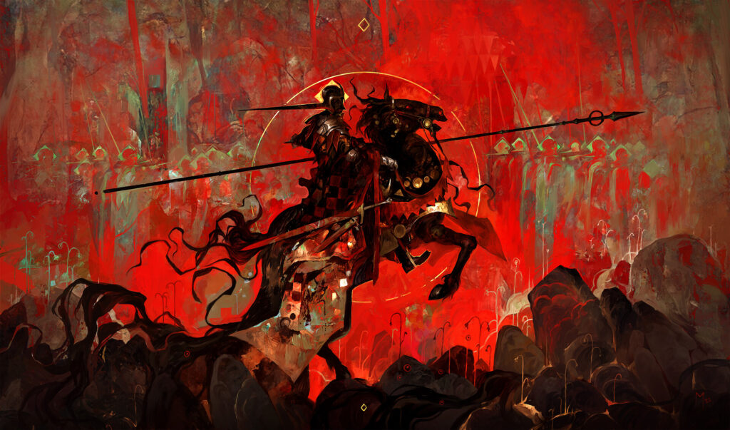 A soldier rears their horse in the midst of bloody warfare.