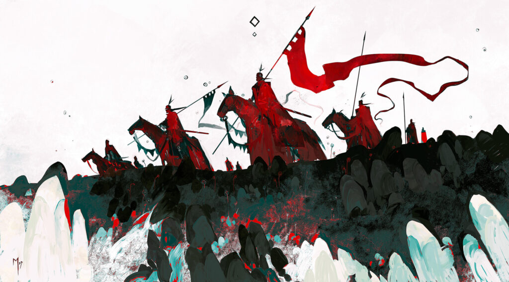 A regiment of soldiers bedecked in redcloaks wander the hills with a red banner.