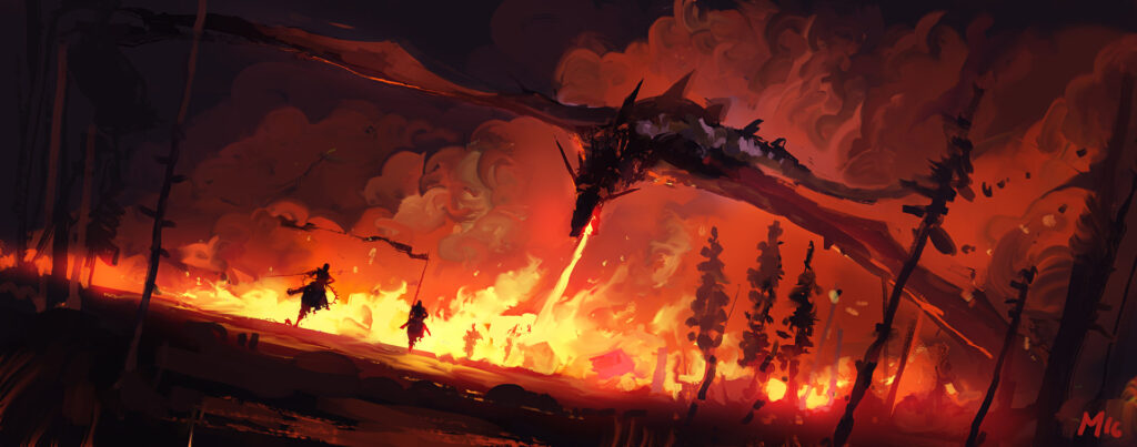 Soldiers flee from a dragon soaring over a burning field.