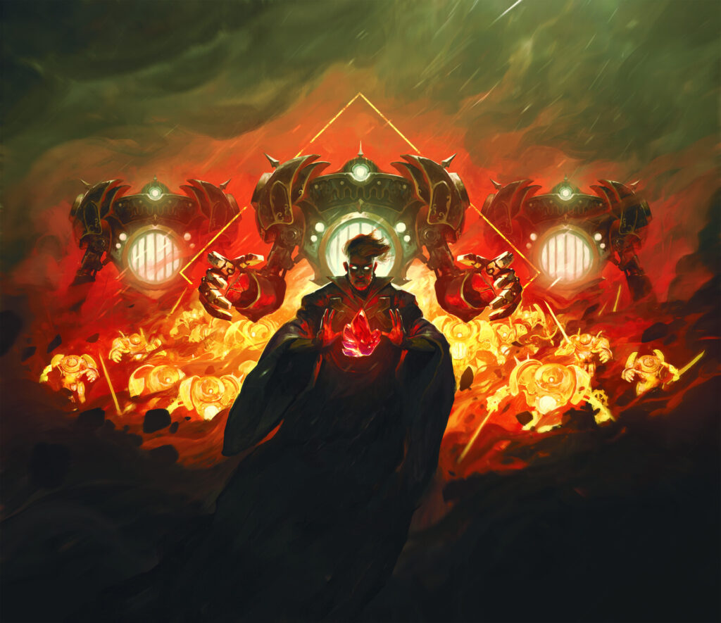 A wizard commands a legion of titanic war machines.