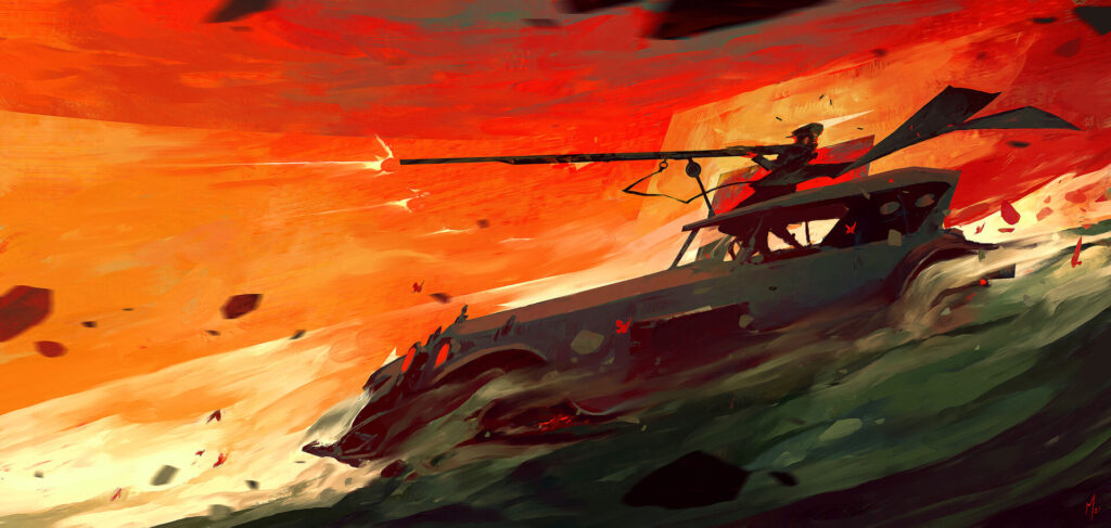 An artilleryman fires a rifle from the seat of a speeding car.