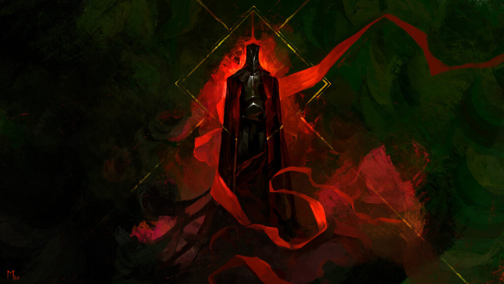 An armored knight in steel and crimson livery looms.