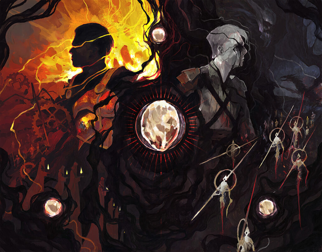 An abstract mural of a mage and wizard corrupted by war.