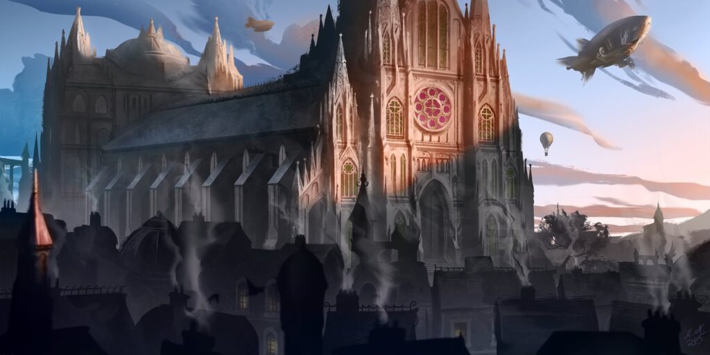 A gothic cathedral at dawn.