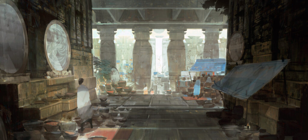 Stone building full of mirrors and pots.