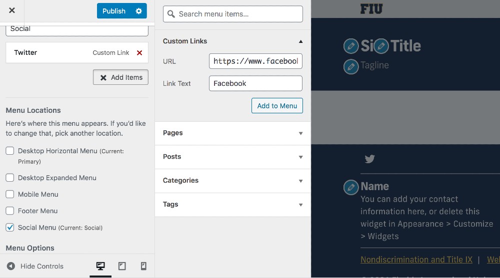 Screenshot of adding Social Menu links in the Customize page