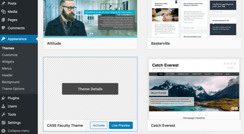 Screenshot of the Themes page in the WordPress dashboard, showing the CASE Faculty Theme